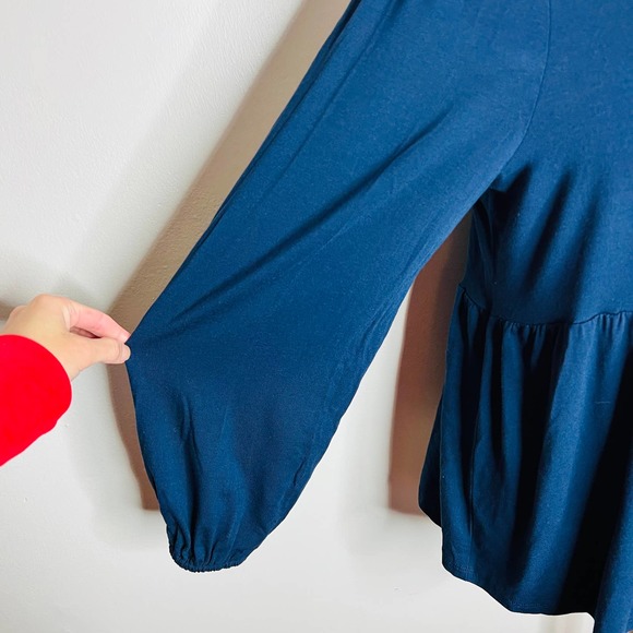 Wonderly Peasant Babydoll Top LARGE Jersey Knit Navy Blue Balloon Sleeve Peplum - Picture 2 of 6